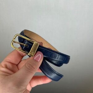 Liz Claiborne Navy Blue Leather Skinny Belt Gold Buckle 2622 Medium Womens